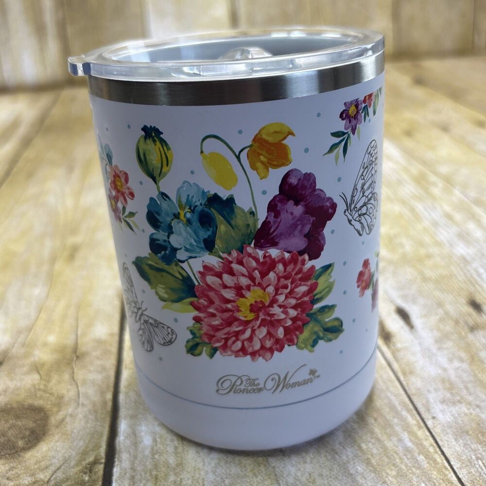 Pioneer Woman White Floral Stainless Steel Vacuum Insulated Travel Mug 14oz